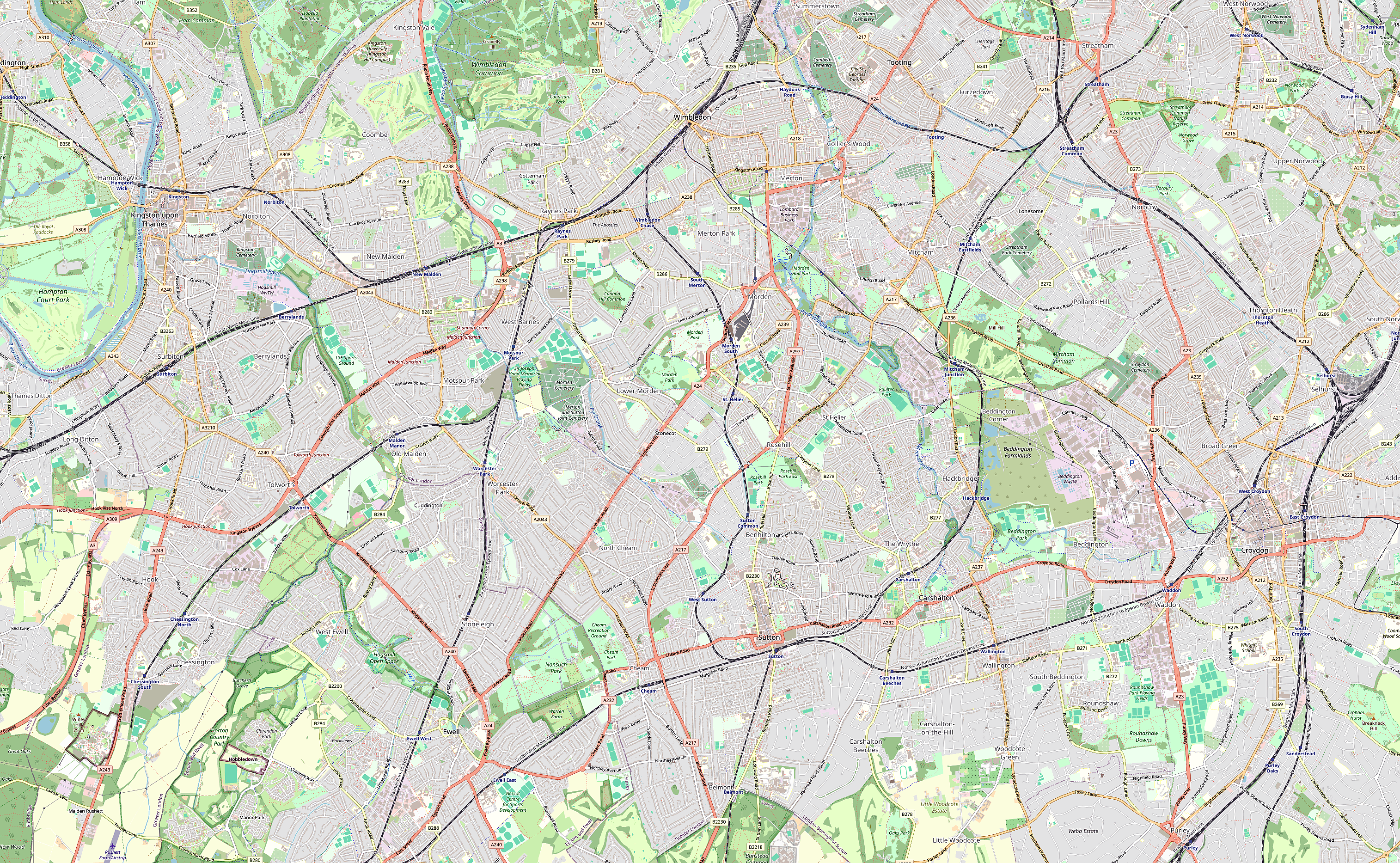 OpenStreetMap-based corridor map with schematic focus areas around Kingston, Sutton and Croydon.