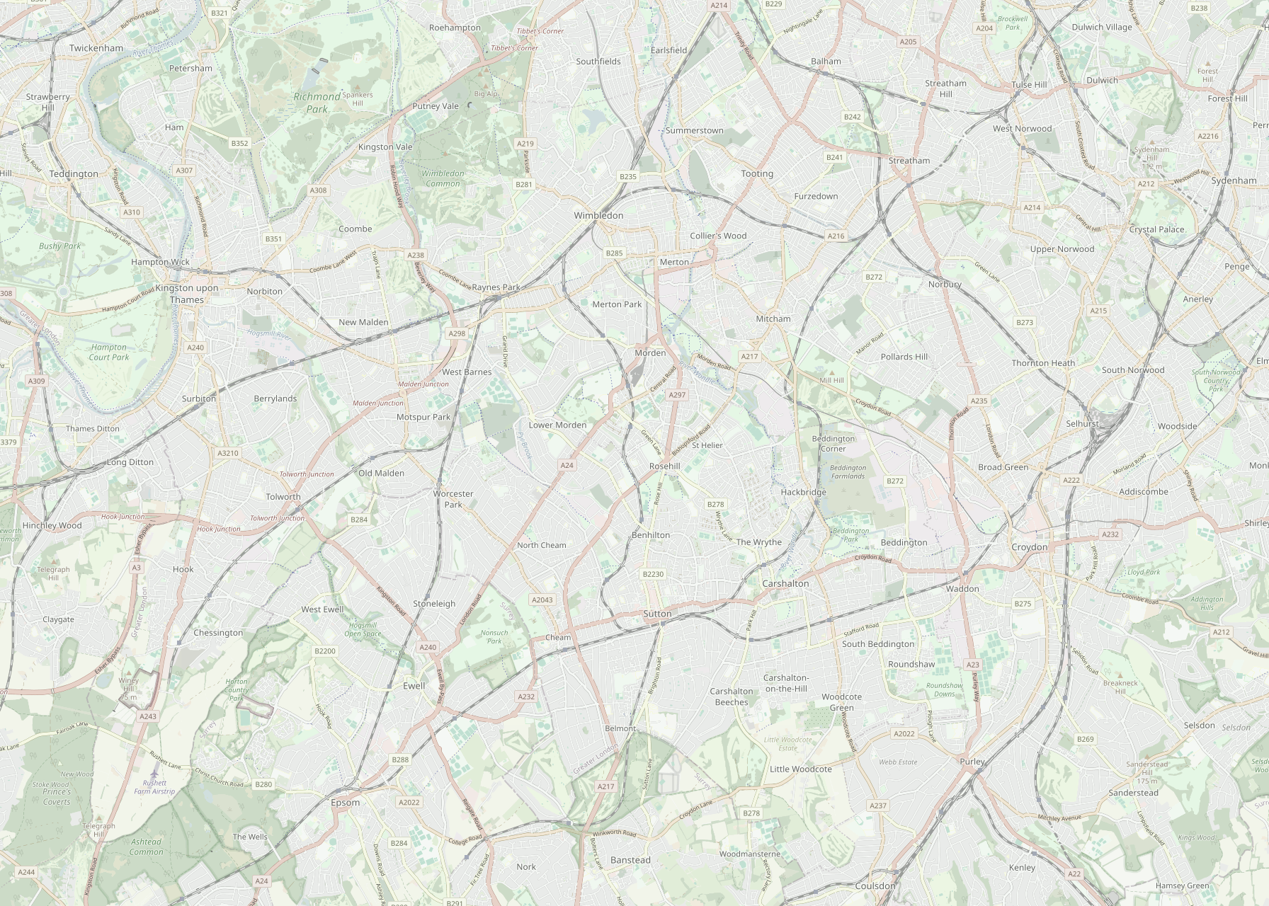 Muted OpenStreetMap-based background showing the corridor from Kingston to West Croydon.
